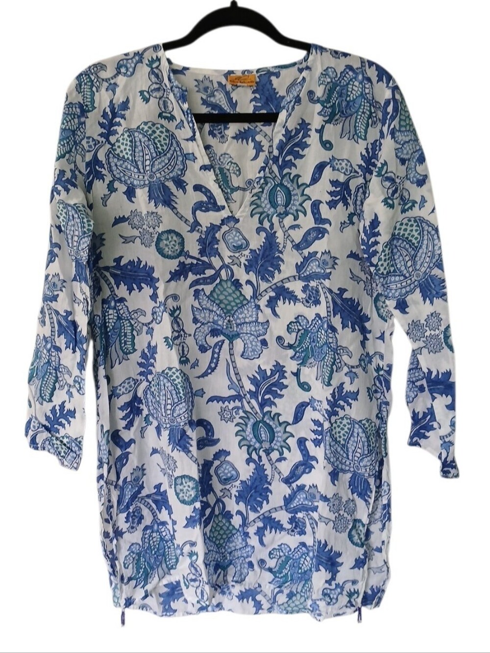 Roberta Roller Rabbit Amanda Kurta Cotton Blue Floral Split-Neck Tunic Small